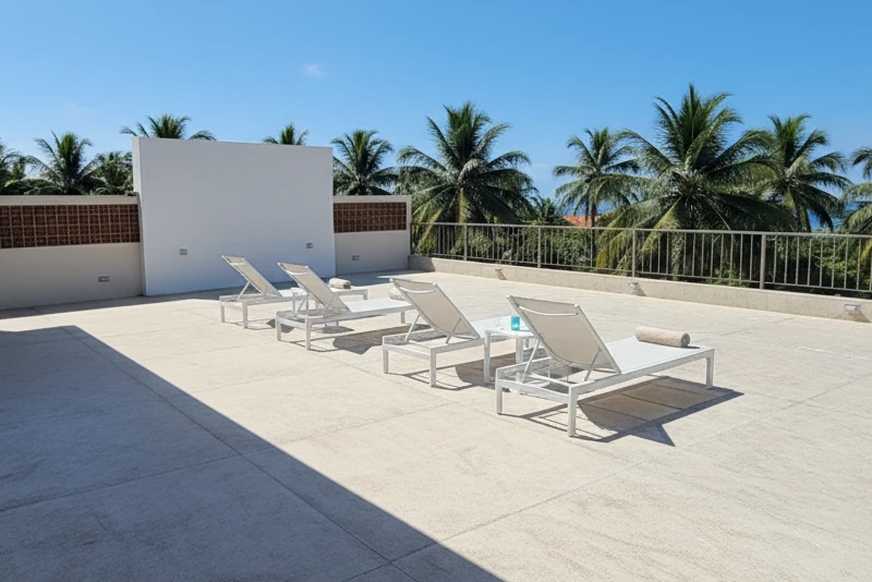 Roof top Terrace with sun beds. AI Gemini was used to improve this image